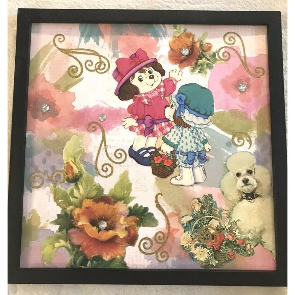 Dogs & Floral Retro Mod Handmade Collage Framed Picture Groovy Pastel Wall Art